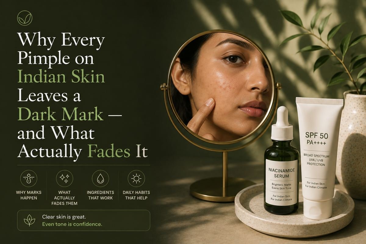 Indian woman examining dark mark on her face in a mirror, with niacinamide serum and SPF 50 PA++++ sunscreen on a tray beside her