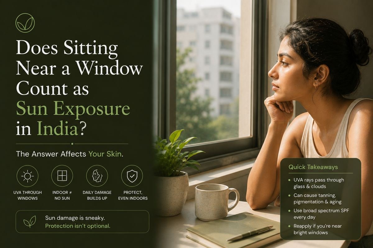 Indian woman sitting near a sunlit window in an apartment, looking outside, with plants and a coffee cup on the desk