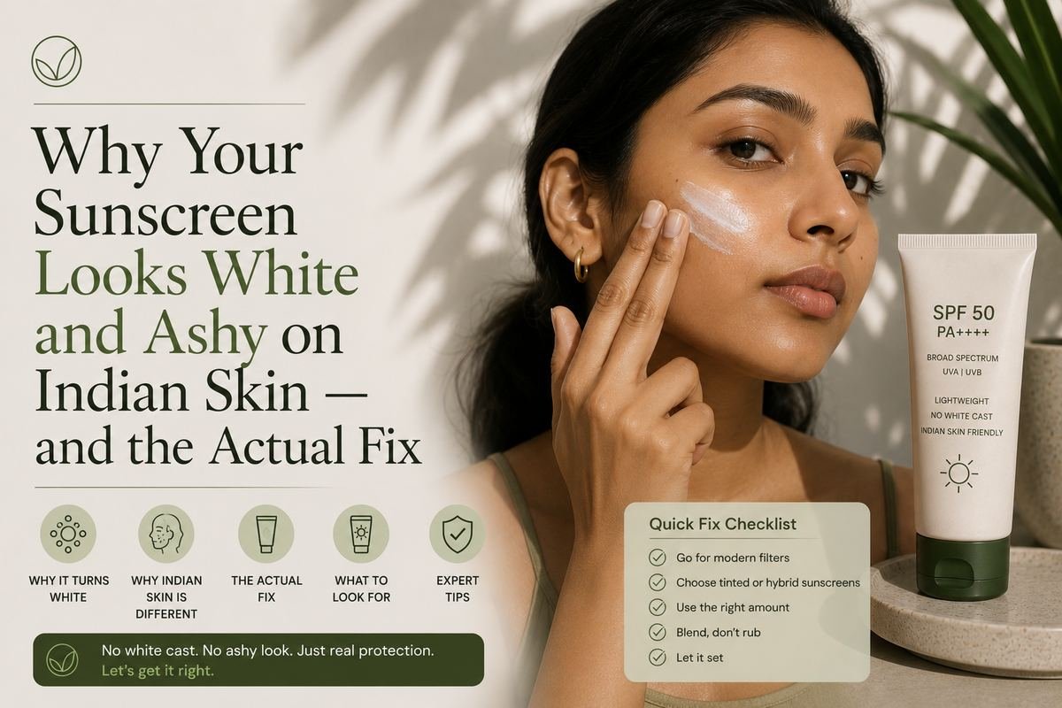 Indian woman applying sunscreen on her cheek showing the white cast effect, with an SPF 50 PA++++ sunscreen tube labelled lightweight and no white cast for Indian skin