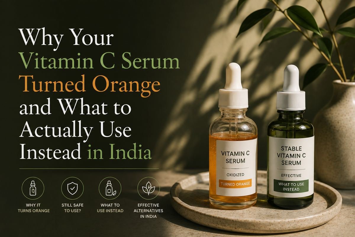 Two vitamin C serum bottles — one oxidised orange, one stable green — showing the difference between degraded and effective serums in India